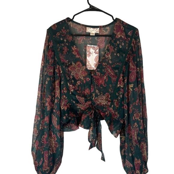 Band of the Free River Deep Pine Paisley Front Tie Crop Top Women Sz L - Picture 1 of 10
